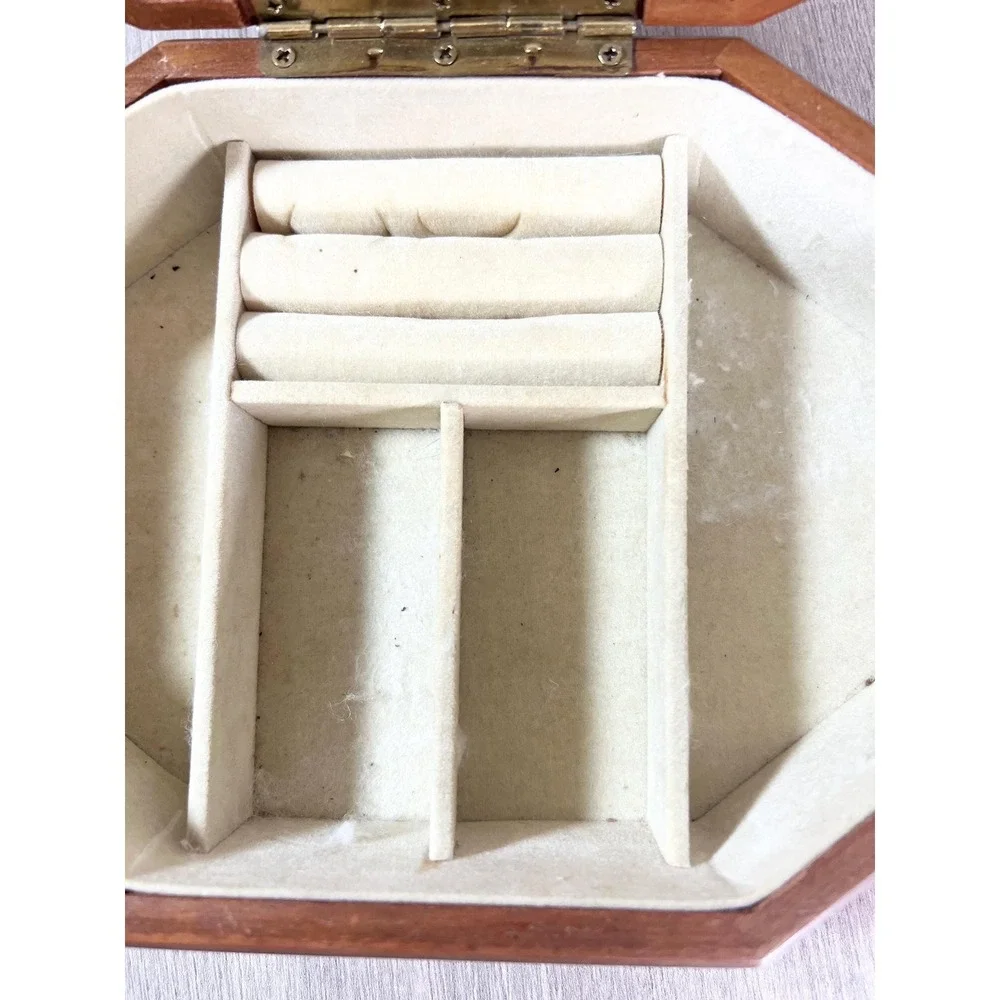 Vintage 1970s Wooden Octagonal Painted Flower Jewelry Box With Mirror 8x6x2.5